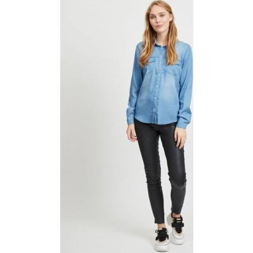 Spring women fashion slim water wash single breasted tencel fabric denim shirt lady comfortable jean casual blouse