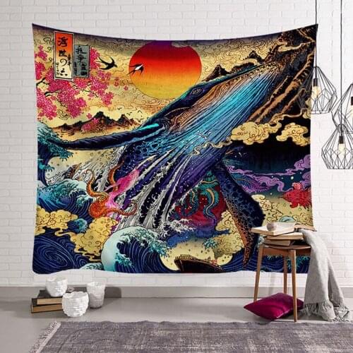 Japanese Tapestry Whale Deer Snake Goldfish Style Tapestry Wall Hangings Sea Wave Wall Tapestries Wall Hanging Room Decor