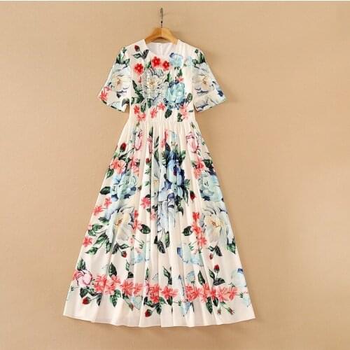 European and American womens wear for summer 2021 Short sleeved flower print with nail bead Fashion pleated dress