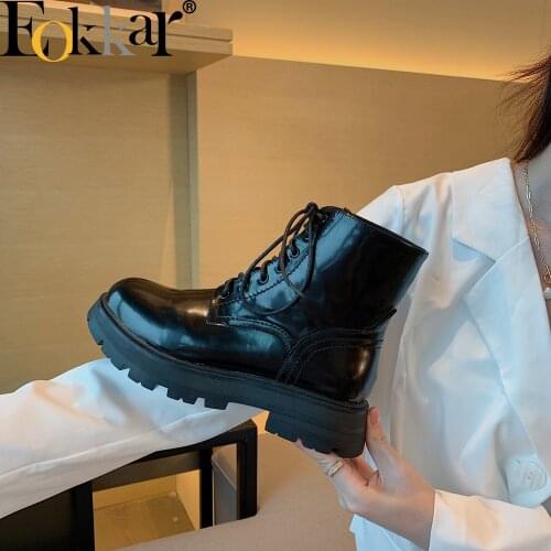 2021 EOKKAR White Boots Women Round Toe Thick Heels Low Heel Ankle Boots Black Spring/Autumn All Match Pu Leather Lace Up Shoes