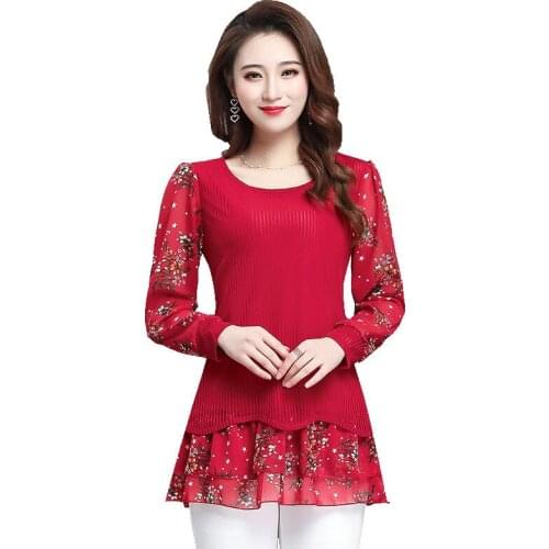 Women Spring Autumn Style Chiffon Lac Blouses Shirts Lady Casual Long Sleeve O-Neck Patchwork Blusas Tops DD8922