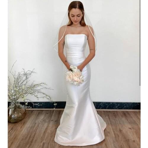 Mermaid Satin Wedding Dress Strapless Simple 2021 Floor Length Gorgeous For lady Cheap Civil Robe De Mariee Fishtail Bridal Gown