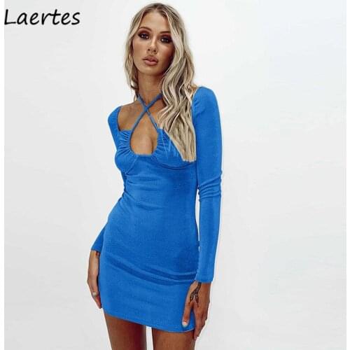 Laertes Summer Casual Bodycon Dress Blue Khaki Square Collar Backless Sexy Ruched Cross Strap Halter Mini Party Dresses Clothing