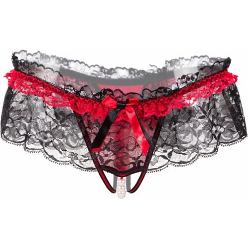 Women Sexy Lingerie Erotic Open Crotch Lace Underwear Transparent Crotchless Pearl Panties Lace G-string Panty with Cute Bow