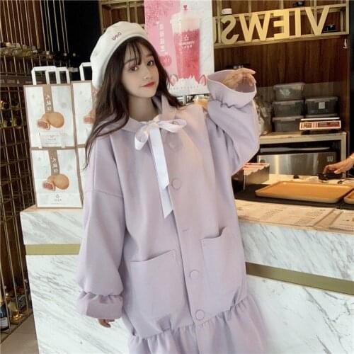 Warm Wool Coat Women Vinter Sweet Bow Patchwork Trench Long Coat Female Casual Button Japanese Style Kawaii Thick Coats