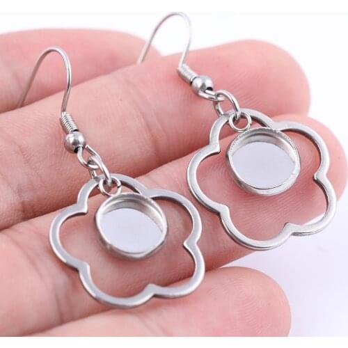 10pcs Stainless steel dangle earring blanks with flower charms 8m cameo cabochon base settings diy ear hooks supplies