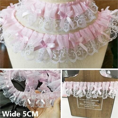 5CM Wide Luxury 3D Pleated Pink Lace Embroidered Bows Applique Ribbon Women Dress Cloth Trim DIY Home Sewing Guipure Supplies