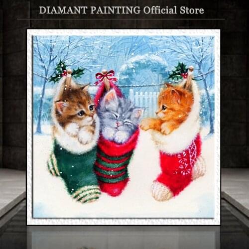 5D DIY Diamond Painting Cat Full Square Cat Handicraft Diamond Embroidery Animal Rhinestone Kit Winter Christmas Socks Gift