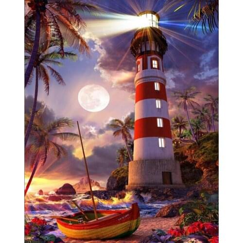 5D DIY Diamond Painting Lighthouse - boat Full Square /Round Mosaic Diamond Embroidery Pictures Of Rhinestones Decoration TY921