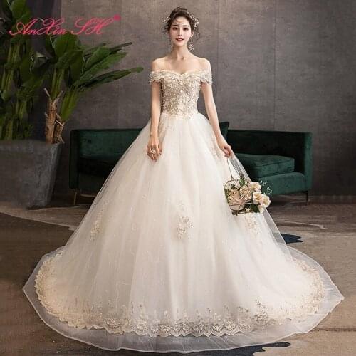 AXJFU princess champagne flower lace wedding dress party vintage embroidery rose boat neck pearls bride tail wedding dress