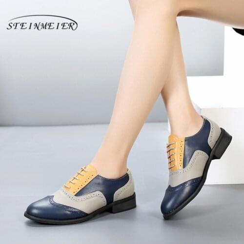 Genuine cow leather brogue casual designer vintage lady flats shoes handmade oxford shoes for women blue yellow grey 2020 spring