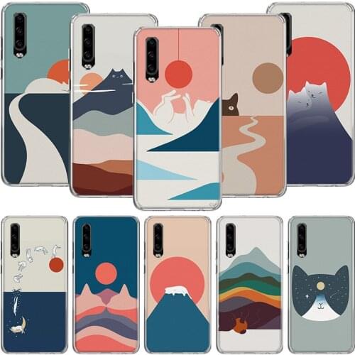 Abstract Art Cat Mount Fuji Japan Landscape Phone Case For Huawei P30 P40 P20 P10 Mate 20 10 30 Lite Pro P Smart Z Plus Printing