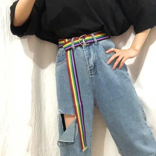 New Women Men Canvas Belts Multicolor Stripes D Ring Ladies Long Waist Strap Trouser Jeans Student Waistband Punk Harajuku