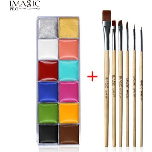 IMAGIC 12 Flash Tattoo Color+6pcs Paint Brush Halloween Face Body Paint Oil Paint Art Cosmetic Make Up Set Party Fancy Dress