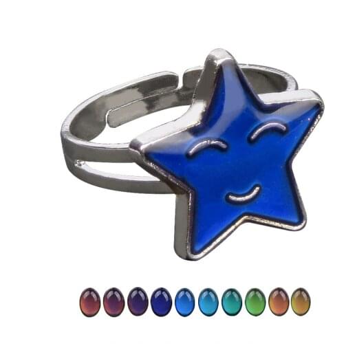 Mood Rings Cute Smiley-faced Pentagram Star Female Heart Emotional Temperature Discoloration Ring Opening Magic Strange Jewelry