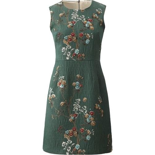 MIUXIMAO High Quality 2020 Spring& Summer dress Party dress Flower Diamonds Green Elegant Slim Casual Dress Women Vestidos
