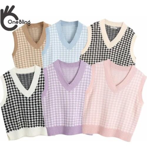 OneBling Za 2021 Fashion Vintage Women Sweater Knitted Vest Plaid Sleeveless Sweaters Women Chic Female Vests Colored Tank