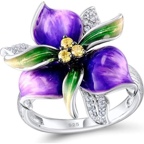 MOONROCY Vintage Silver Color Crystal Rings Purple Flower Party Ring Hyperbole for Women Gift Dropshipping Jewelry Wholesale