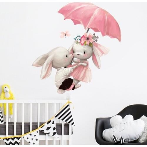 Couple Bunny Under Umbrella Wall Sticker Kids Room Home Decoration Wallpaper Living Room Bedroom Removable Mural Sticker