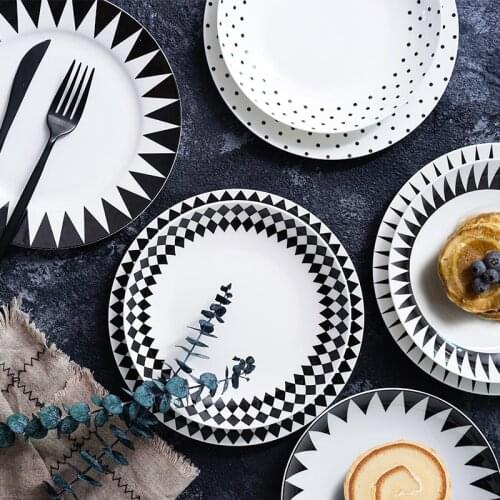 Nordic Simple Western Plate Creative Ceramic Flat Plate Black Diamond Bone China Plate Steak Plate Snack Plates Dishes Set Diner