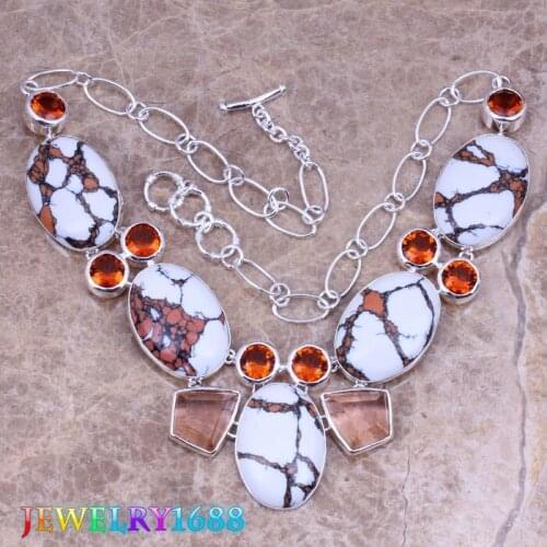 Alluring White Brown Natural Stone Silver Plated Grade Necklace L639