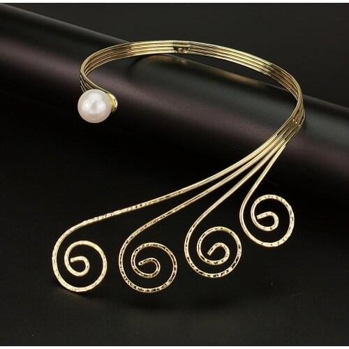 Peacock Style Torques Choker Necklace For Women Fashion Jewelry Simulated Pearl Metal Statement Bib Collar Maxi Necklace UKMOC