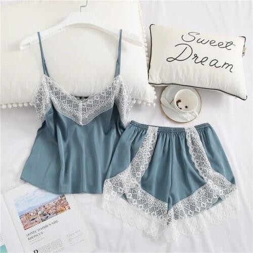 Pajamas for women Lace Satin Silk Patchwork V-neck Strap home clothes with Shorts Casual Pyjama Suit Sleepwear Womens underwear