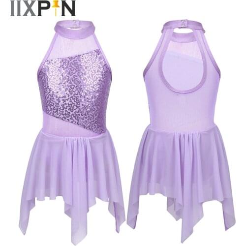 Sequin Girls Latin Dress Lyrical Modern Contemporary Ballroom Dance Dress Sleeveless Sequins Cutout Back Leotard Dress for Girls
