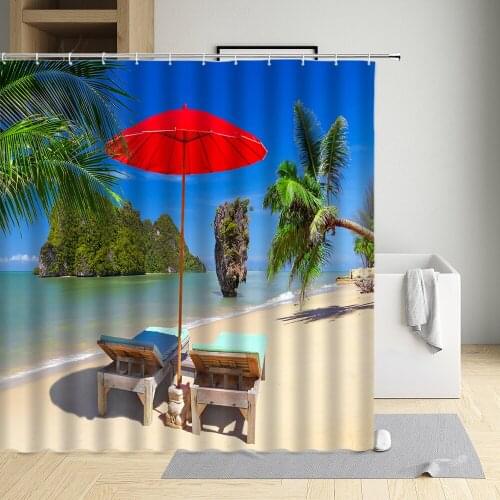 Beach Coconut Tree Shower Curtain Ocean Natural Scenery Bathroom Decoration Waterproof Polyester Washable Fabric Sets With Hooks