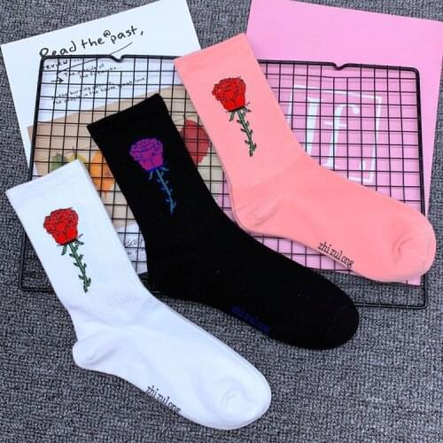 Drop Ship Crew Socks Pink Black White Single Rugosa Rose with Thorns Romantic Flower Poet Singer Artist Be Barbed Sarcastic