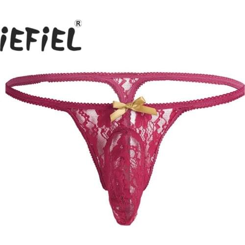 Sexy Male Mens Lingerie Floral Lace See-through Bulge Pouch Open Butt Bikini G-string Underwear for Bedtime Surprise Nightwear