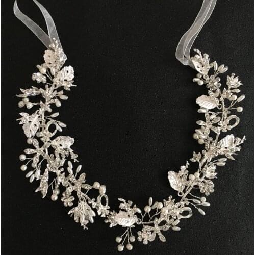 SLBRIDAL Silver Color Clear Crystal Rhinestones Leaf Wedding Hair accessories Hairband Bridal Headband Bridesmaids Jewelry Women