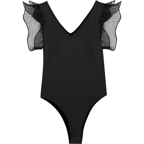 Thin V-neck Laminated Mesh Ruffled Stretch Slim Black T-shirt Top One-piece Vest