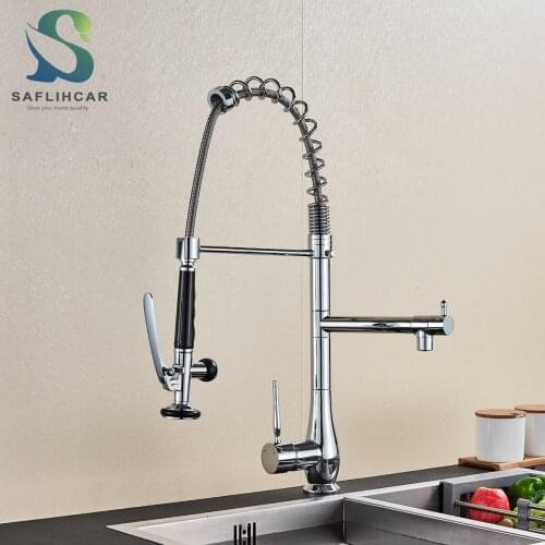 Pull Down Spring Kitchen Faucet Deck Mounted Dual Handled Chrome Kitchen Hot Cold Water Mixer Tap Handsfree Showerhead With Lock