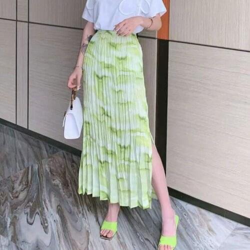 Women Summer Slim High-waisted Green Print Pleated Split Skirt Female High Street French New Skirt Ladies Designed Skirts ML105