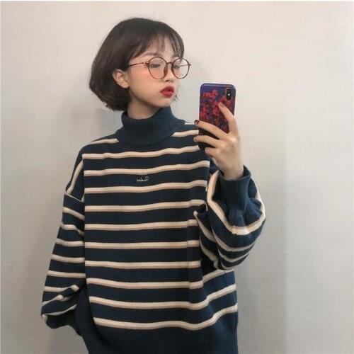 Women Sweater Casual Autumn Tops Long Sleeve Oversized Stripe Pullovers Striped Korean Turtleneck Lady Jumpers
