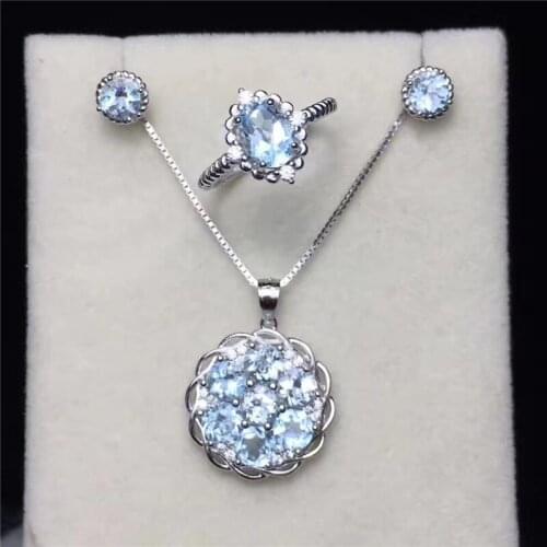Jewelry Sets For Women 925 Silver Natural Blue Topaz Gemstone Ring Necklace Pendants Stud Earrings Elegant Fine Jewelry CCS001-2