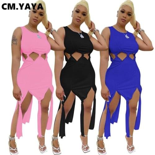 CM.YAYA Women Cut Out Waist Irregular Sleeveless Cut Out Bodycon Midi Dress for Sexy Night Party Pencil Dreses