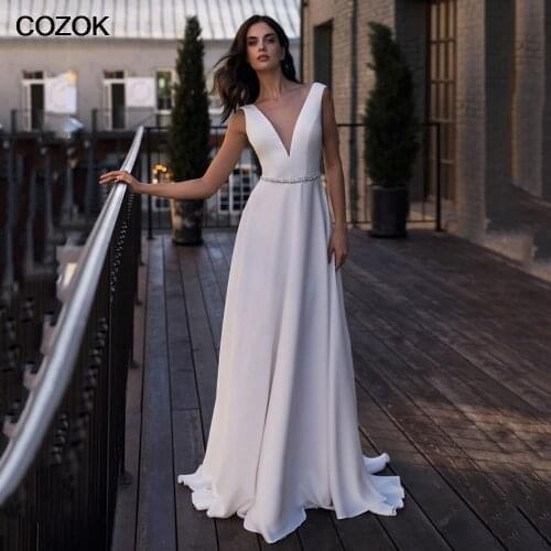 Simple A Line Wedding Dresses 2021 Beading Belt Satin Backless Bridal Gown Vestido De Novia