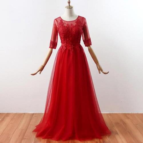 Women Embroidered Bandage Gauze High Waist Slim Half Sleeve O-Neck Floor-Length A-Line Black Red Party Cocktail Dresses