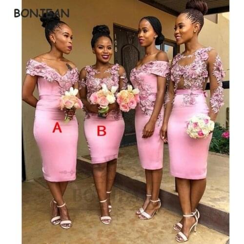 2021 Short Bridesmaid Dresses Mermaid Pink Lace Off-The-Soulder South African Lace Up Black Girls Bridesmaid Dress