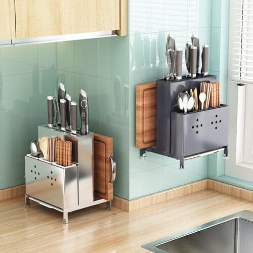 304 Stainless Steel Kitchen Stand Storage Organizer Knives Holder Cutlery Rack Chopping Board Rest Accessories Wall Container