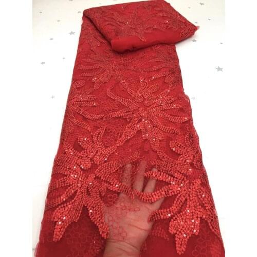 5yards/pc) High quality red color African French net lace fabric with gorgeous knots embroidery and sequins for party FZX058