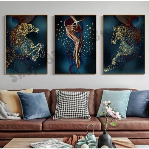 Running Horse Diamond Embroidery Square/Round Diamond Painting Gold Foil Blue Paintings Wall Art Triptych Picture Decor TT5014