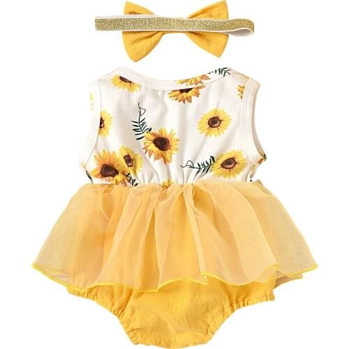 0-24 Months Print Bodysuit Baby Girl\s Casual Sleeveless Romper Fresh Flower Mesh Yarn Stitching Jumpsuits and Headband