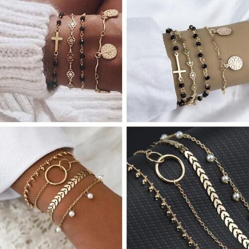 Boho retro beach style pearl tassel Bangles for Women Bohemian Round Beaded Charm Bracelet Set Fashion Multilayer Accessories