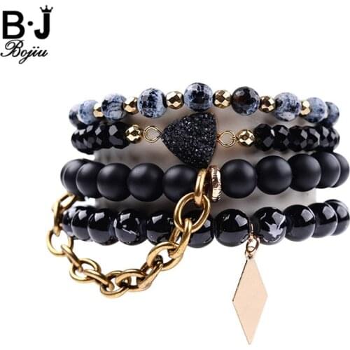 BOJIU Black Heart Natural Druzy Bracelet For Women Ag. Stone Crystal Beaded Bracelets Set Fashion Charm Bracelet Femme BCSET101