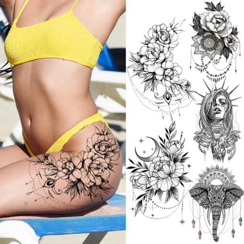 Black Peony Flower Pendant Temporary Tattoos For Women Adult Floral Mandala Elephant Fake Tattoo Thigh Waterproof Tatoo Decal