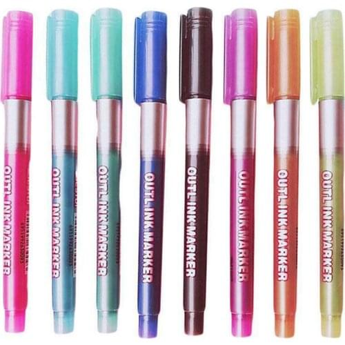 8Pcs Double Line DIY Highlighter Outline Draw Marker Fluorescent Pen Stationery