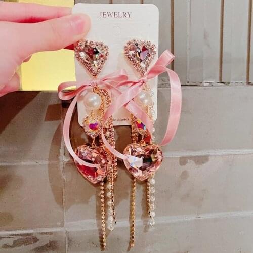 Korean Cute Elegant Yarn Pink Bowknot Heart Crystal Long Tassel Drop Earrings For Women Girls Nice and Shiny Party Jewelry